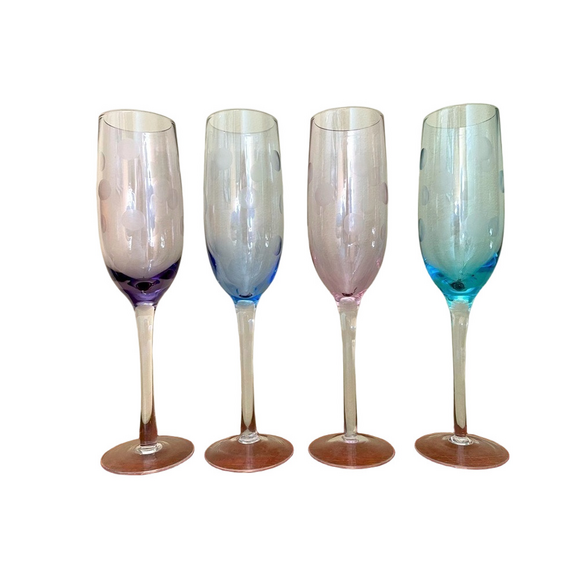 Champaigne flutes set of 4 colors with etched dots clear stem 1 flaw - Picture 1 of 2